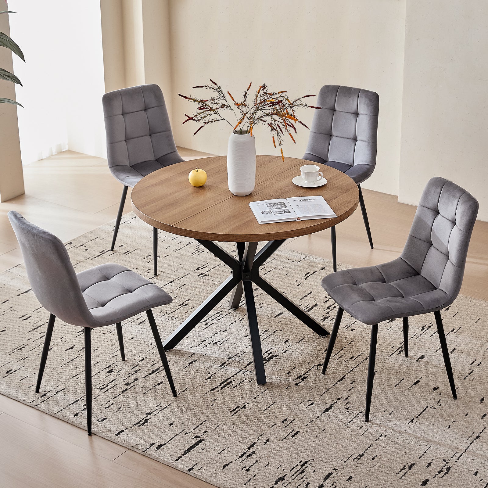 5 Pieces Round Dining Table Set - Mid-Century Brown Dining Table with 4 Gray Velvet Chairs Set, Coffee Table & Chairs with Black Metal Legs for Kitchen Dining Room, Apartment