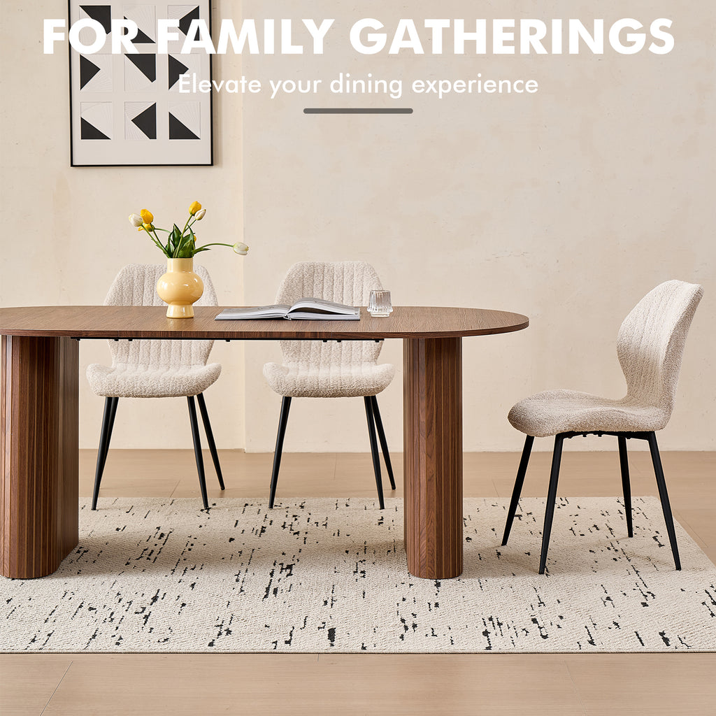71" Large Dining Table Set for 4, Rounded Corners Farmhouse Modern Rectangle Wood Kitchen Table with Boucle Chairs Set of 4