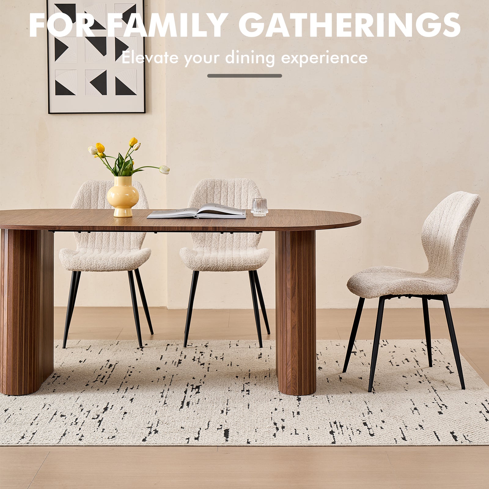71" Large Dining Table Set for 4, Rounded Corners Farmhouse Modern Rectangle Wood Kitchen Table with Boucle Chairs Set of 4