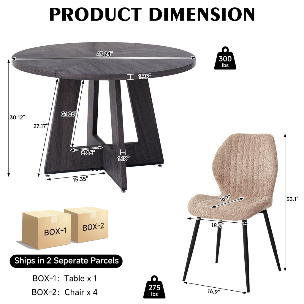 5 Piece 47'' Round Dining Table Chairs Set for 4, Farmhouse Gray Kitchen Table with 4 Boucle Mid Century Modern Dinning Room Chairs, Wood Dinner Table &Upholstered Chair Set of 4, Brown