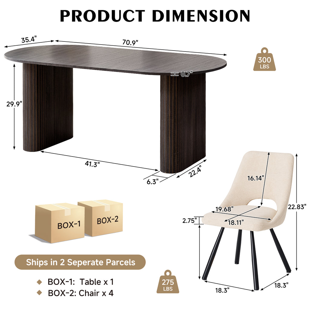 71" Black Large Dining Table Set for 4 Modern Kitchen Table with Beige Boucle Upholstered Kitchen Chairs Set of 4