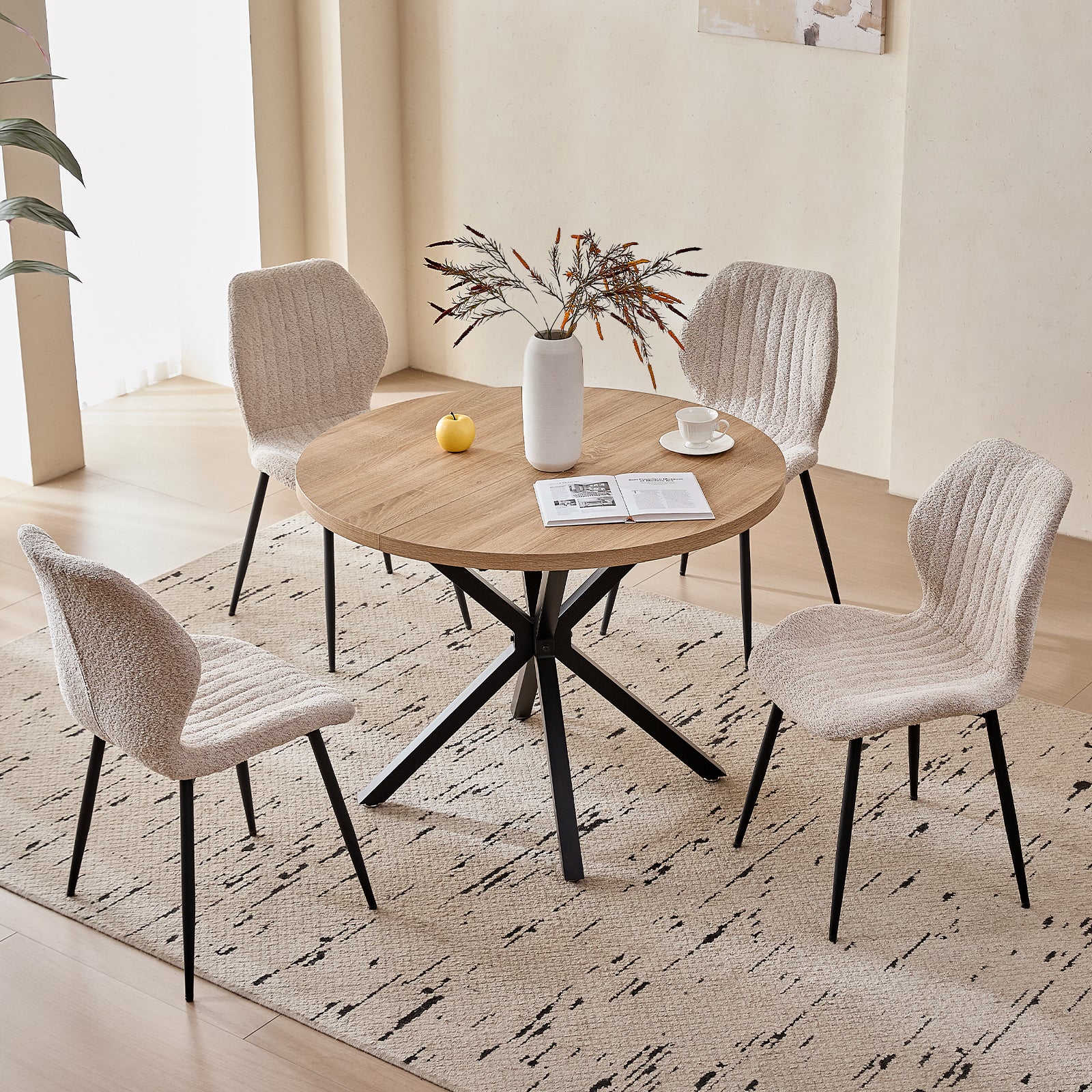 39" Round Dining Table Set for 4, Mid Century Kitchen Table with 4 Beige Upholstered Dining Chairs for Apartment Living Room Space Saving,Natural Table