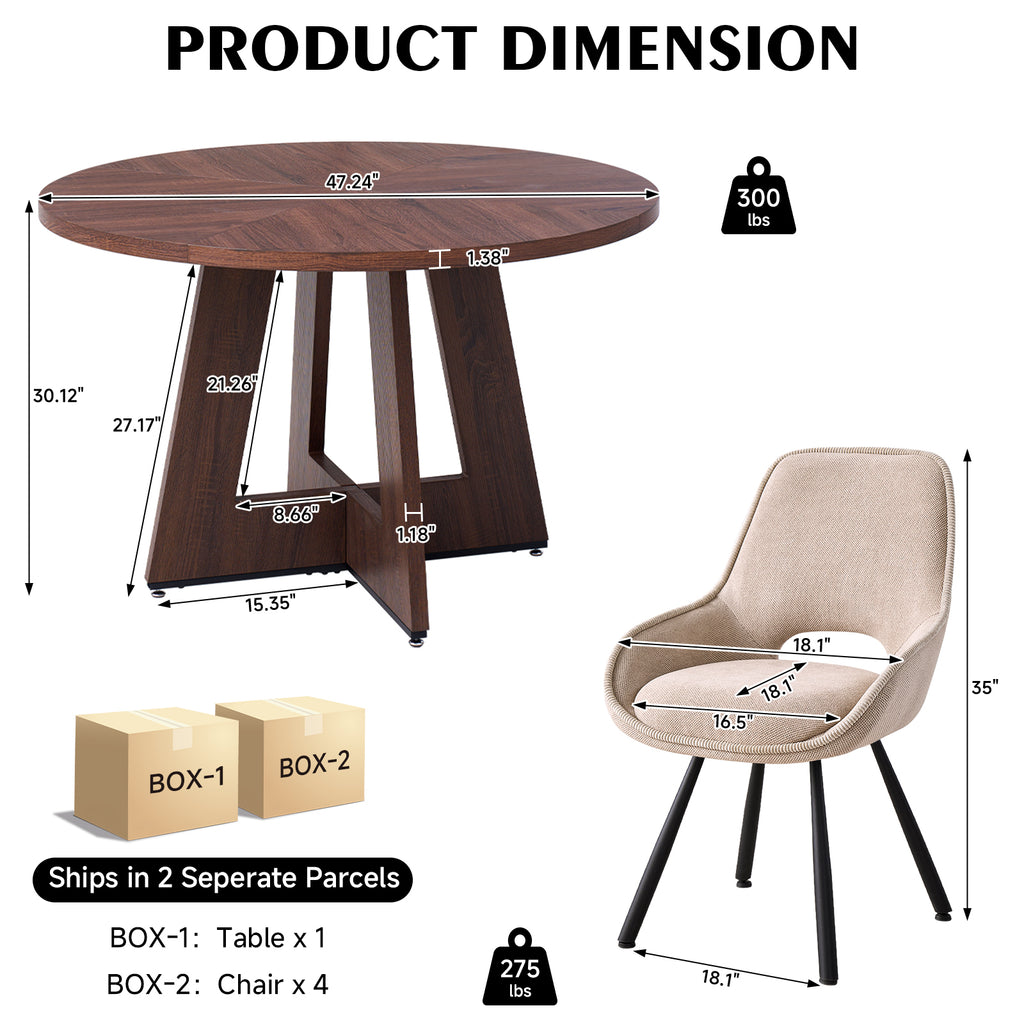 5 Piece 47" Round Dining Table Set for 4, [Fanned Base] [1.38" Thick Top] Wood Kitchen Table with 4 Swivel Dining Chairs, Beige