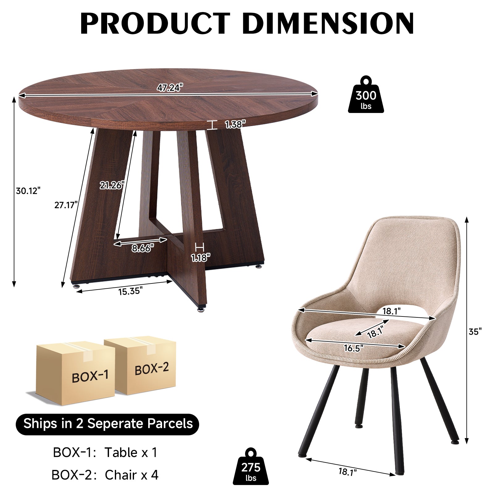 5 Piece 47" Round Dining Table Set for 4, [Fanned Base] [1.38" Thick Top] Wood Kitchen Table with 4 Swivel Dining Chairs, Beige