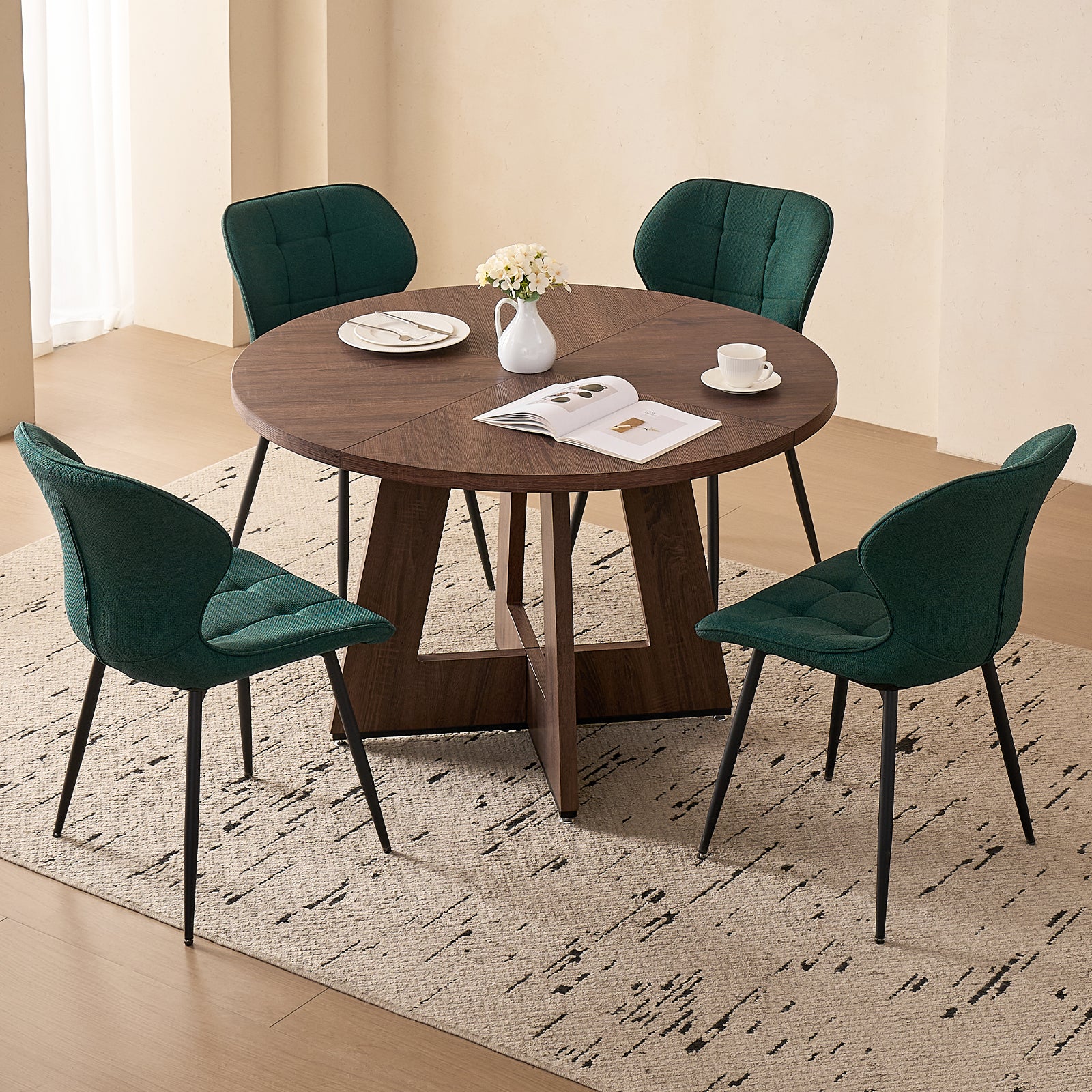 5 Piece 47'' Round Dining Table Chairs Set for 4, Farmhouse Walnut Kitchen Table and Chairs Mid Century Modern Wood Dining Table with 4 Water-Resistant Fabric Dining Chairs, Green