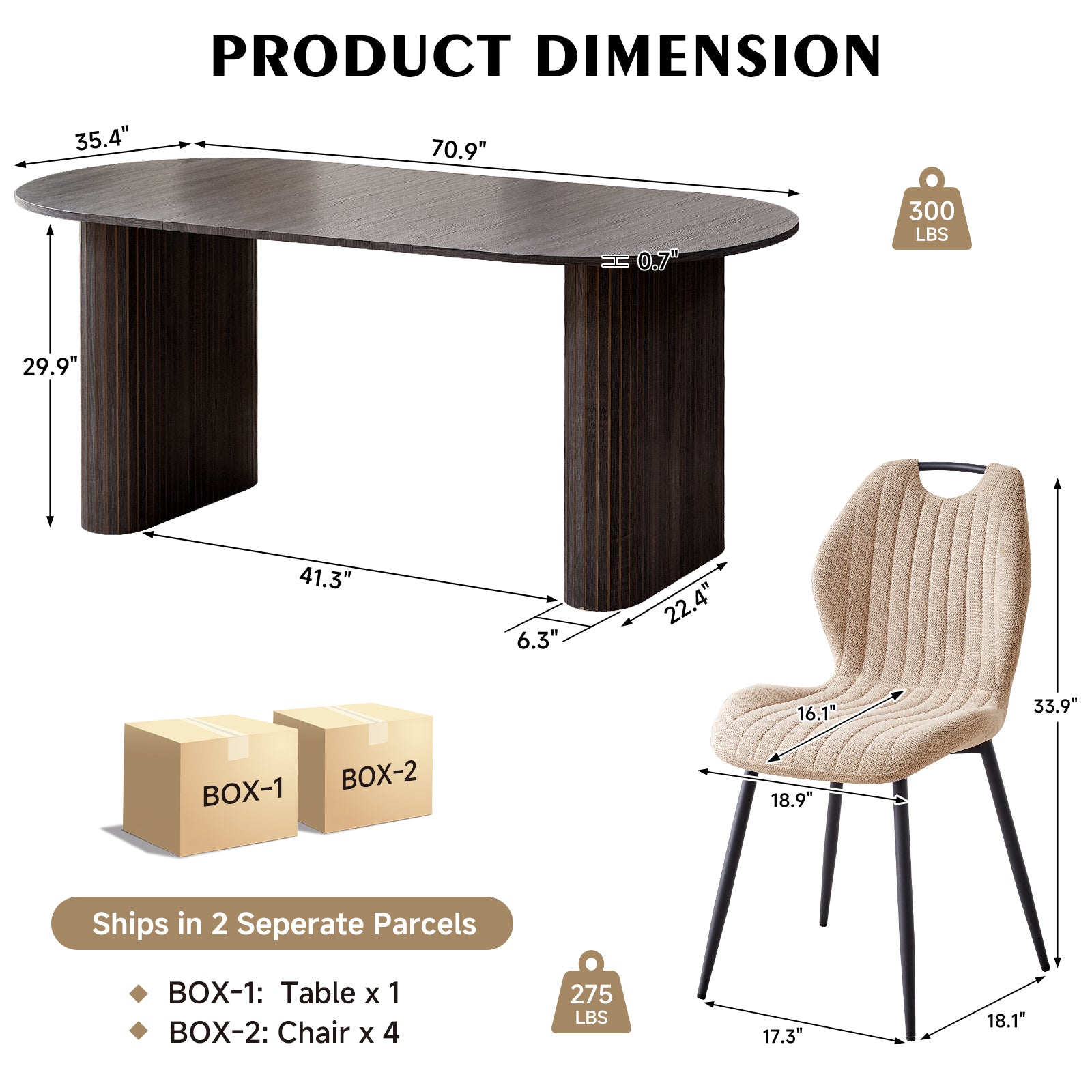 71" Large Dining Table Set for 4, Rounded Corners Farmhouse Modern Rectangle Wood Kitchen Table with Fabric Wingback Dining Chairs for Living Room Apartment Waiting Room