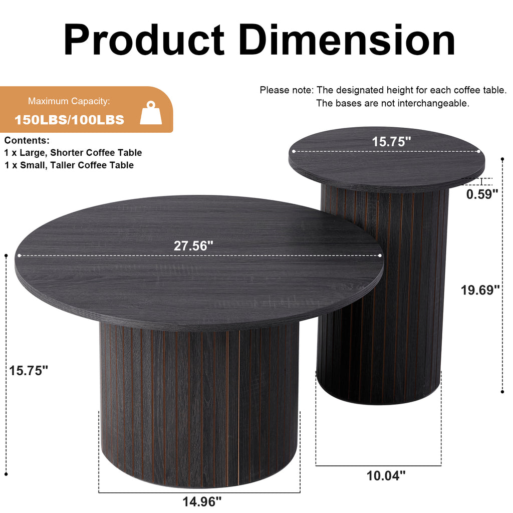 Round Nesting Coffee Tables Set of 2, Boho Wood Circle Side Table with Fluted Drum Design, Farmhouse End Table for Living Room Bedroom Apartment, Black