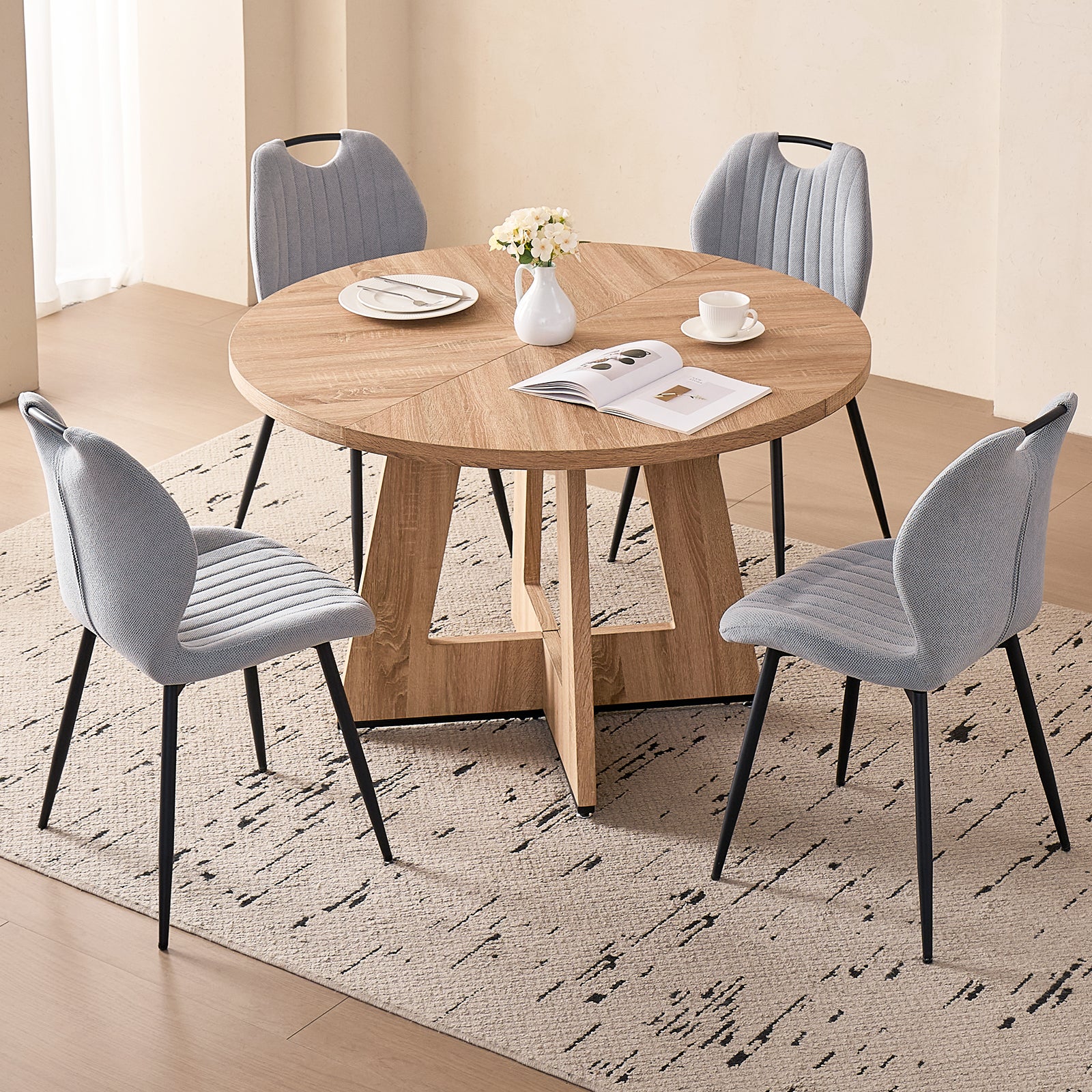5 Piece 47'' Round Dining Table Chairs Set for 4, Farmhouse Oak Kitchen Table with 4 Scandi Mid Century Modern Dinning Room Chairs, Wood Dinner Table &Upholstered Fabric Chairs Set of 4, Gray
