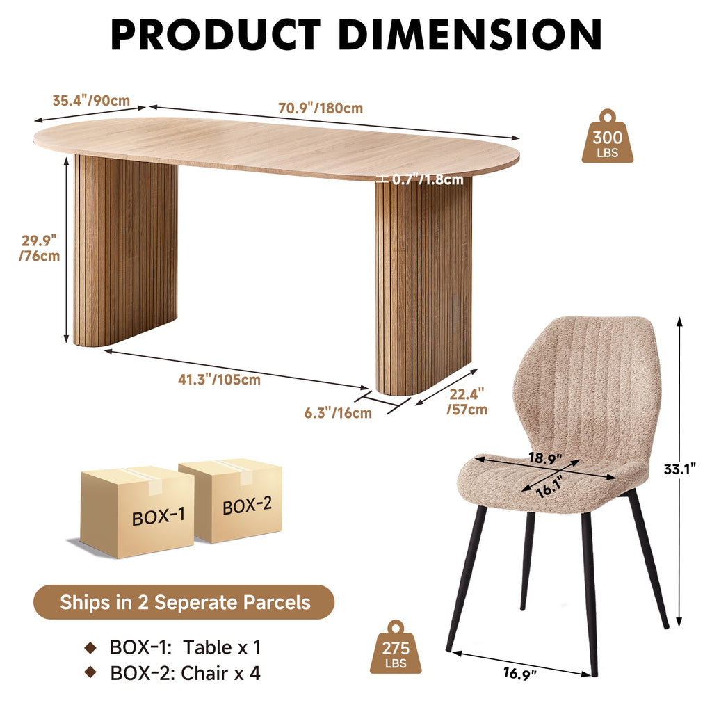 71" Large Dining Table Set for 4, Rounded Corners Farmhouse Modern Rectangle Wood Kitchen Table with Boucle Chairs Set of 4
