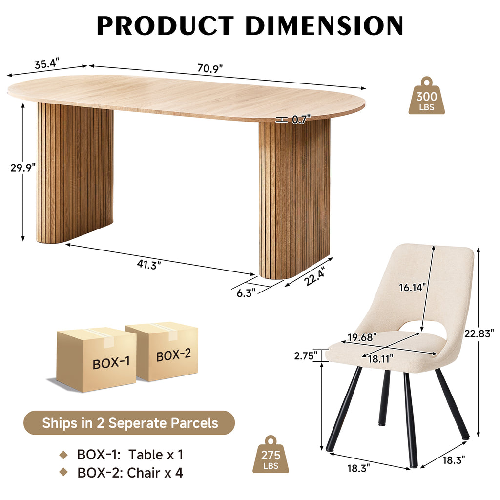 71" Natural Large Dining Table Set for 4 Modern Kitchen Table with Beige Boucle Upholstered Kitchen Chairs Set of 4
