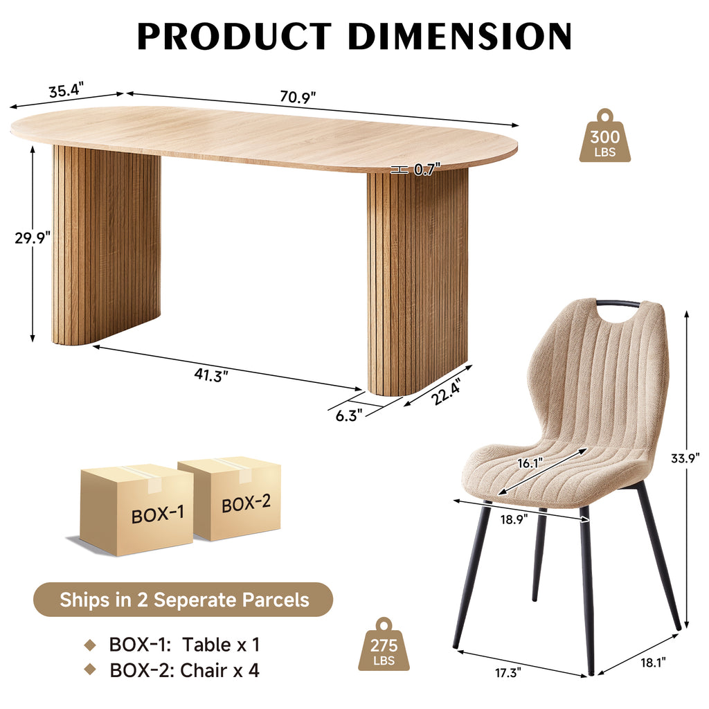 71" Large Dining Table Set for 4, Rounded Corners Farmhouse Modern Rectangle Wood Kitchen Table with Fabric Wingback Dining Chairs for Living Room Apartment Waiting Room