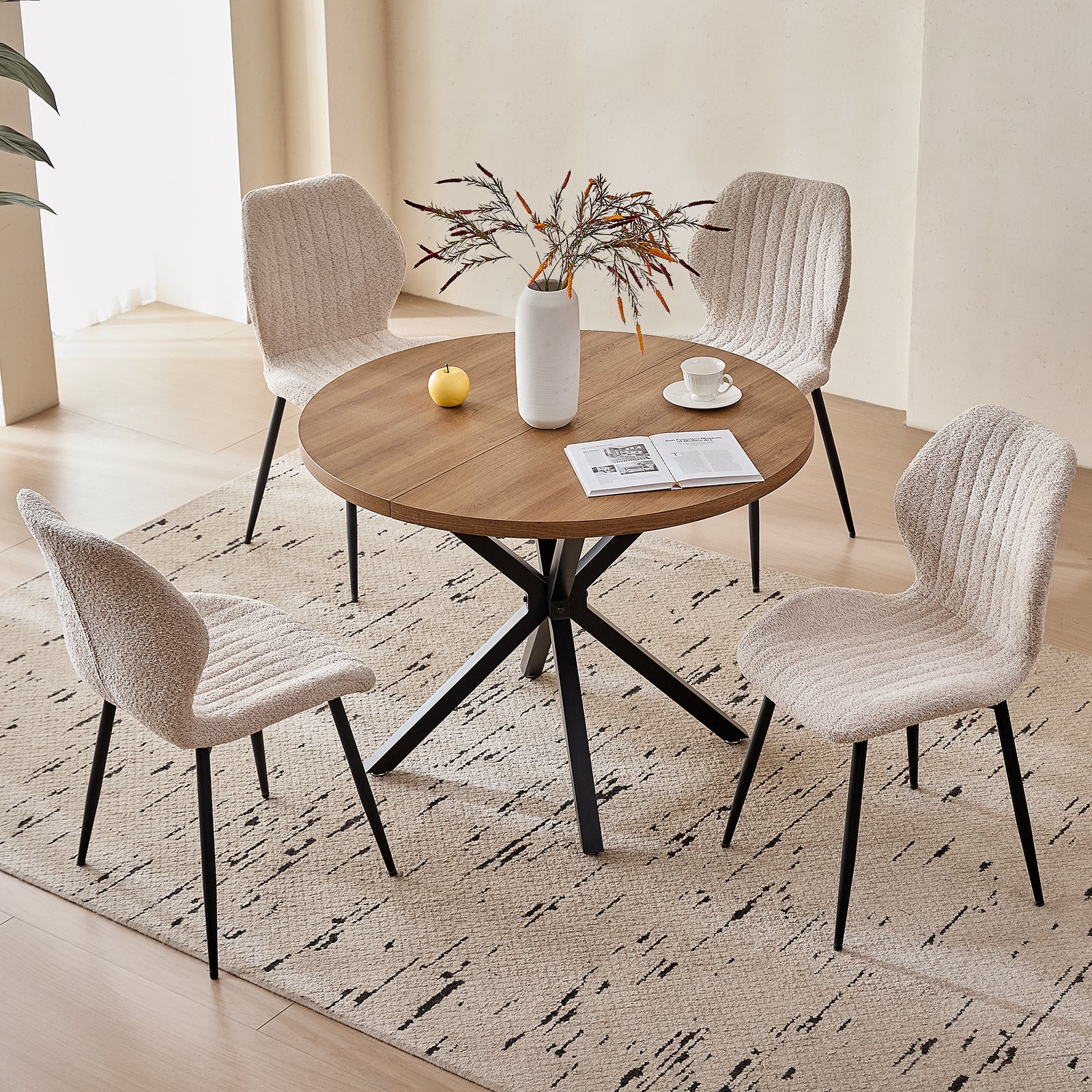 39" Round Dining Table Set for 4, Mid Century Kitchen Table with 4 Beige Upholstered Dining Chairs for Apartment Living Room Space Saving,Brown Table