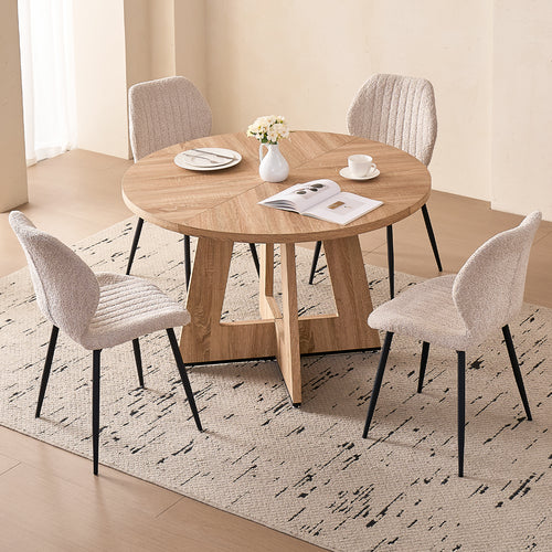 5 Piece 47'' Round Dining Table Chairs Set for 4, Farmhouse Oak Kitchen Table with 4 Boucle Mid Century Modern Dinning Room Chairs, Wood Dinner Table &Upholstered Chair Set of 4, Beige