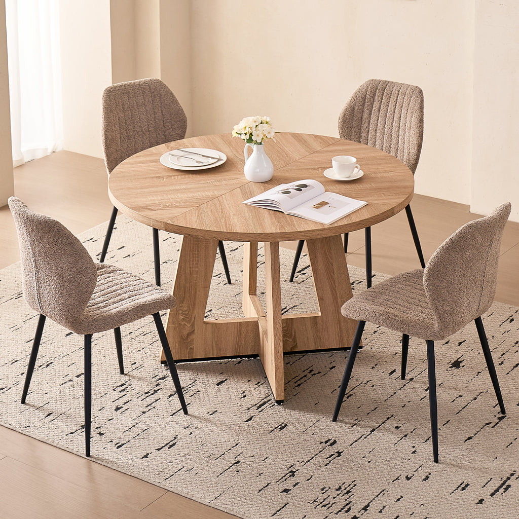 5 Piece 47'' Round Dining Table Chairs Set for 4, Farmhouse Oak Kitchen Table with 4 Boucle Mid Century Modern Dinning Room Chairs, Wood Dinner Table &Upholstered Chair Set of 4, Brown