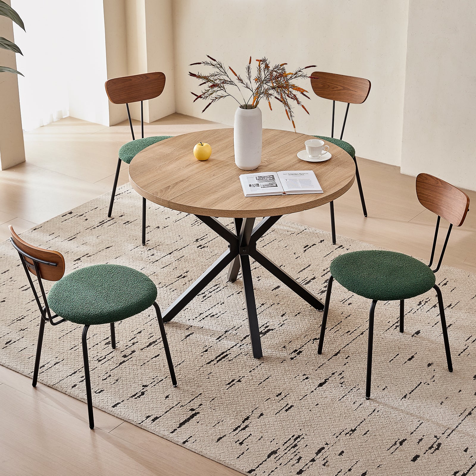 39" Round Dining Table Set for 4, Mid Century Kitchen Table with 4 Stackable Dining Chairs for Apartment Living Room Space Saving, Green