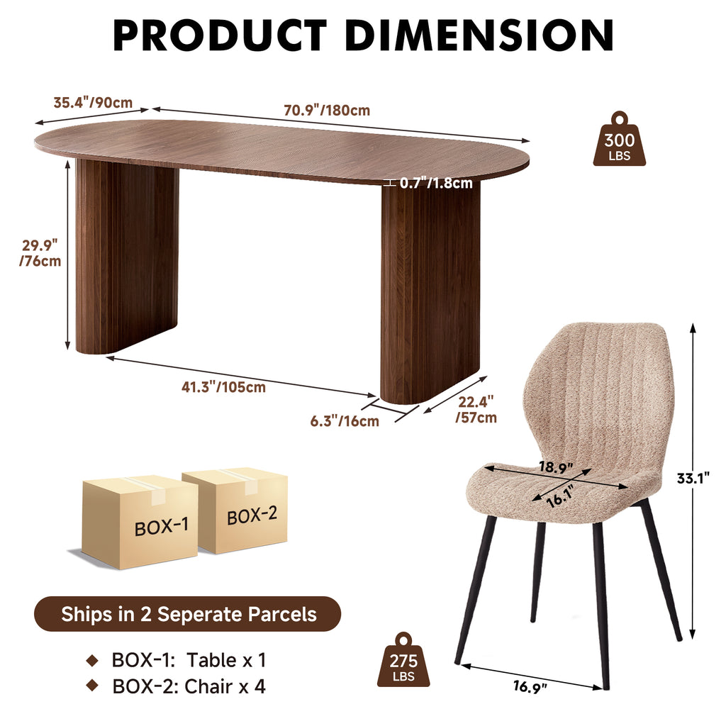 71" Large Dining Table Set for 4, Rounded Corners Farmhouse Modern Rectangle Wood Kitchen Table with Boucle Chairs Set of 4