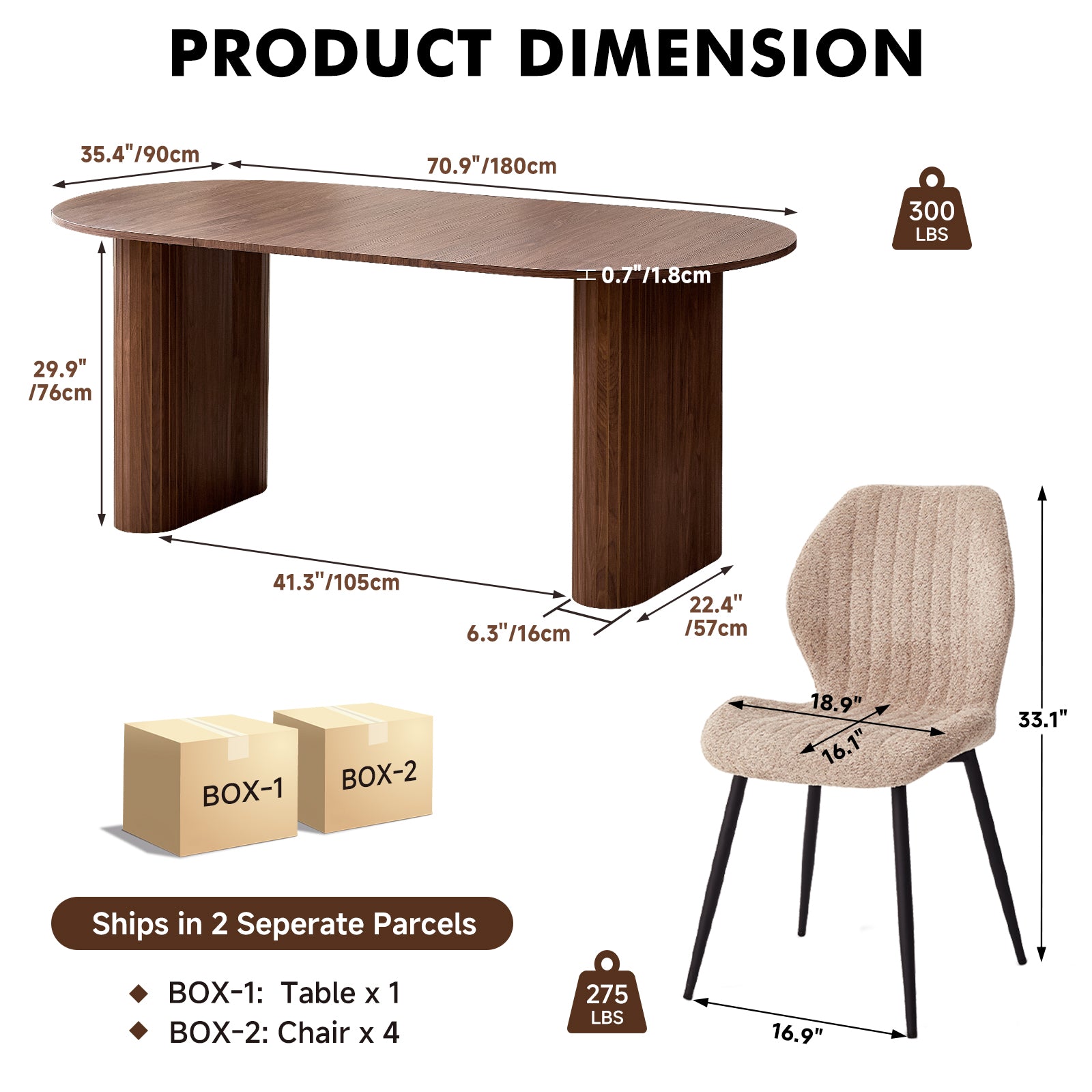 71" Large Dining Table Set for 4, Rounded Corners Farmhouse Modern Rectangle Wood Kitchen Table with Boucle Chairs Set of 4