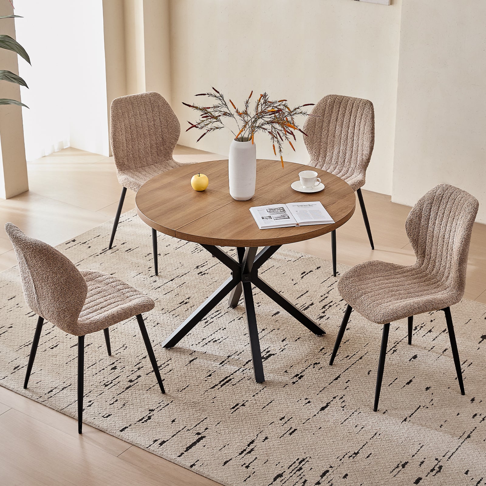 39" Round Dining Table Set for 4, Mid Century Kitchen Table with 4 Brown Upholstered Dining Chairs for Apartment Living Room Space Saving,Brown Table