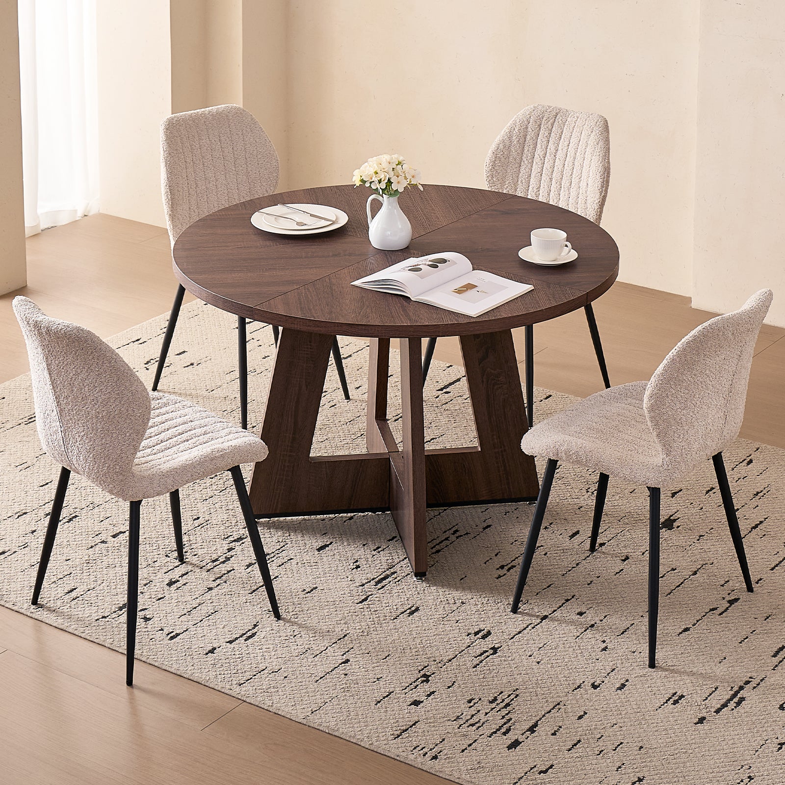 5 Piece 47'' Round Dining Table Chairs Set for 4, Farmhouse Oak Kitchen Table with 4 Scandi Mid Century Modern Dinning Room Chairs, Wood Dinner Table &Upholstered Fabric Chairs Set of 4, Beige