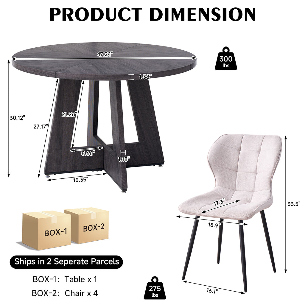 5 Piece 47'' Round Dining Table Chairs Set for 4, Farmhouse Grey Kitchen Table with Chairs Mid Century Modern Dinning Room Set Wood Kitchen Table with 4 Water-Resistant Fabric Dining Chairs, White