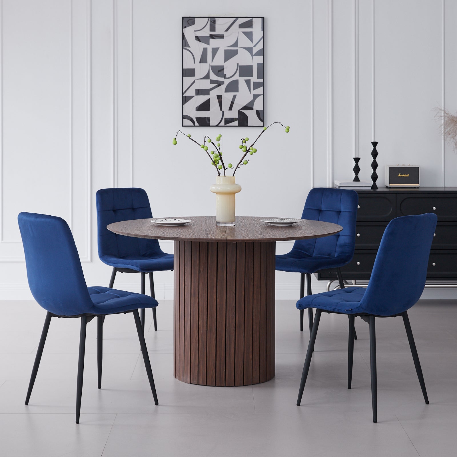5 Piece Round Dining Table Set - Mid-Century 47 inch Brown Dining Table with 4 Blue Velvet Chairs Set, Dinner Table & Chair with Metal Legs for Kitchen Dining Room, Apartment, Bedroom
