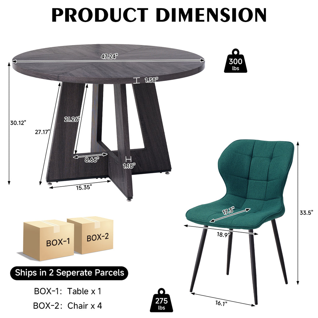 5 Piece 47'' Round Dining Table Chairs Set for 4, Farmhouse Grey Kitchen Table with Chairs Mid Century Modern Dinning Room Set Wood Kitchen Table with 4 Water-Resistant Fabric Dining Chairs, Green