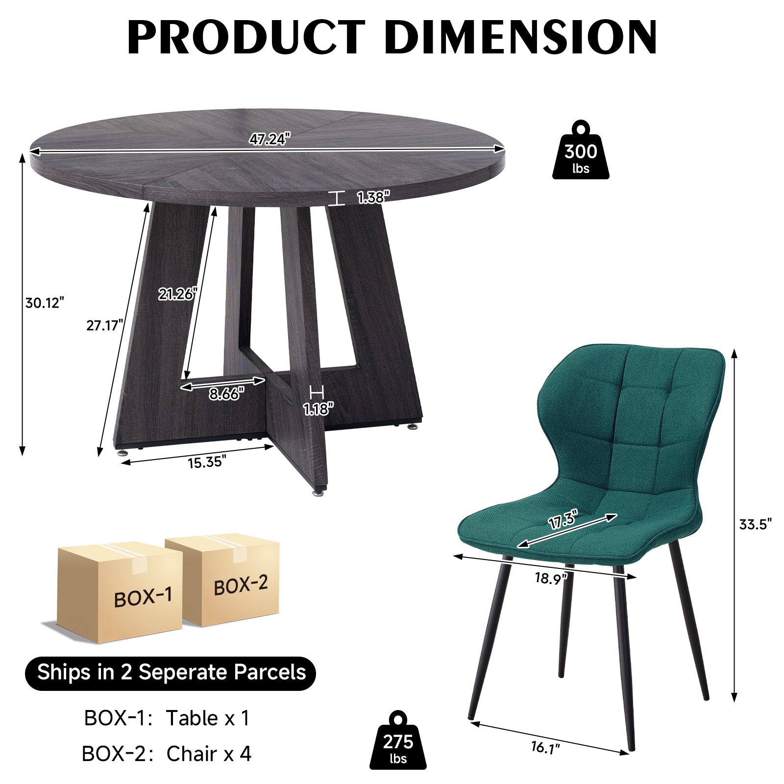 5 Piece 47'' Round Dining Table Chairs Set for 4, Farmhouse Grey Kitchen Table with Chairs Mid Century Modern Dinning Room Set Wood Kitchen Table with 4 Water-Resistant Fabric Dining Chairs, Green