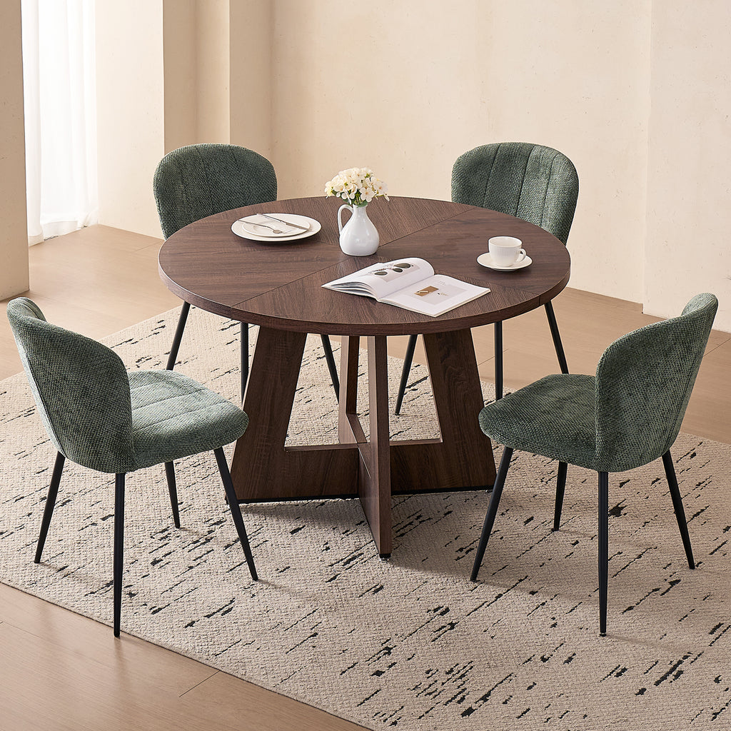 5 Piece 47" Round Dining Room Table Set for 4, [Fanned Base] [1.38" Thick Top] Wood Kitchen Table with 4 Green Chenille Dining Chairs