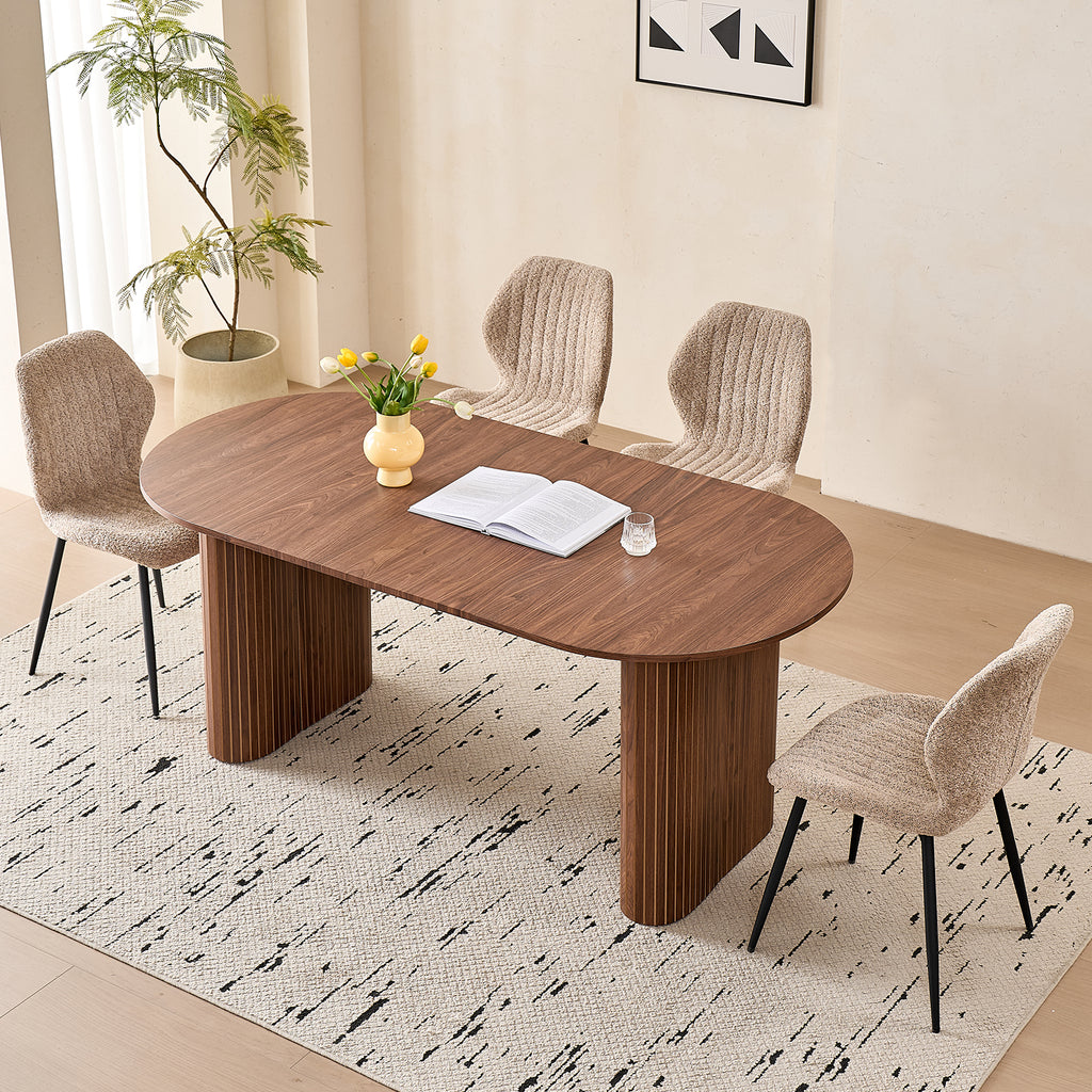 71" Large Dining Table Set for 4, Rounded Corners Farmhouse Modern Rectangle Wood Kitchen Table with Boucle Chairs Set of 4