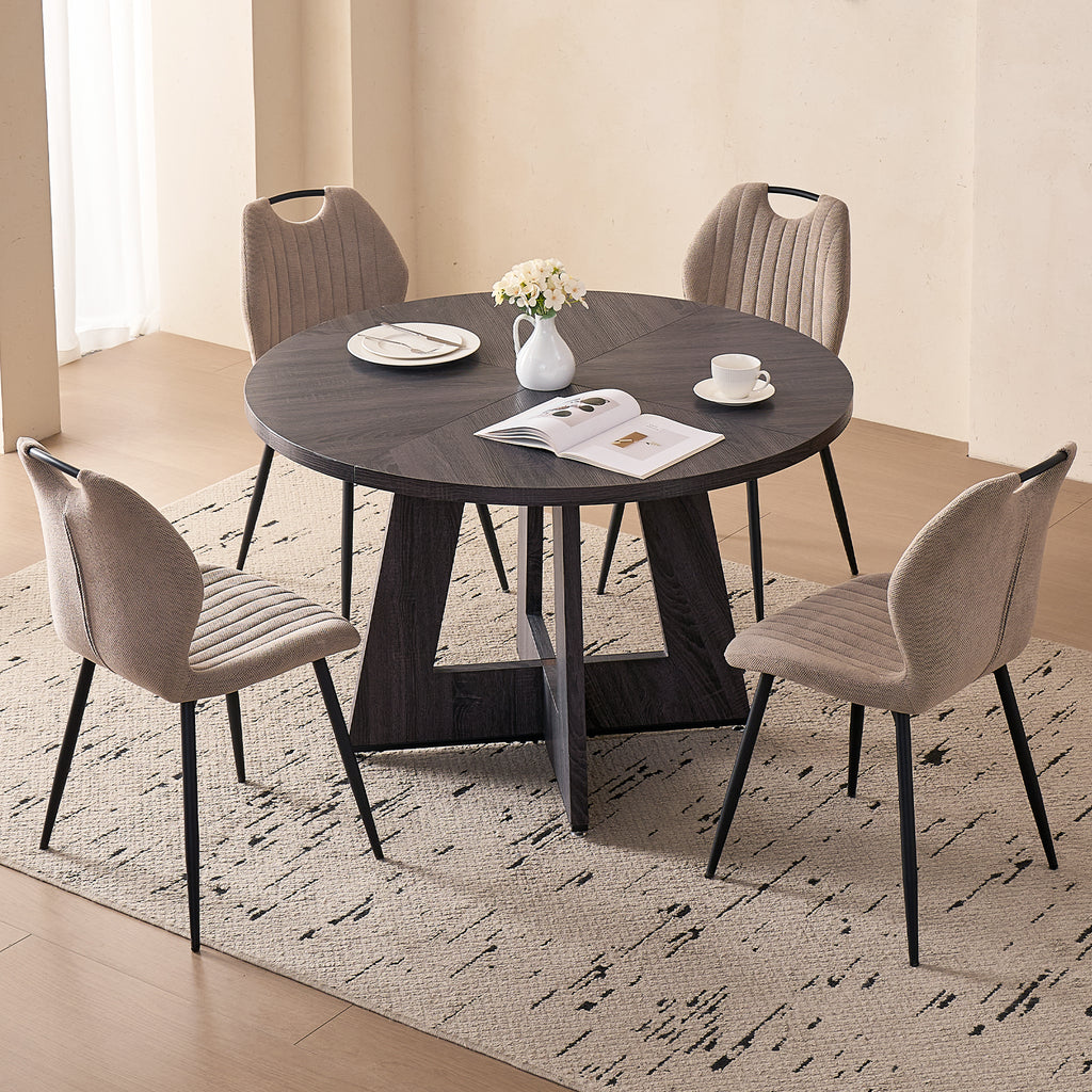 5 Piece 47'' Round Dining Table Chairs Set for 4, Farmhouse Kitchen Table with 4 Scandi Mid Century Modern Dinning Room Chairs, Wood Dinner Table &Upholstered Fabric Chairs Set of 4, Khaki