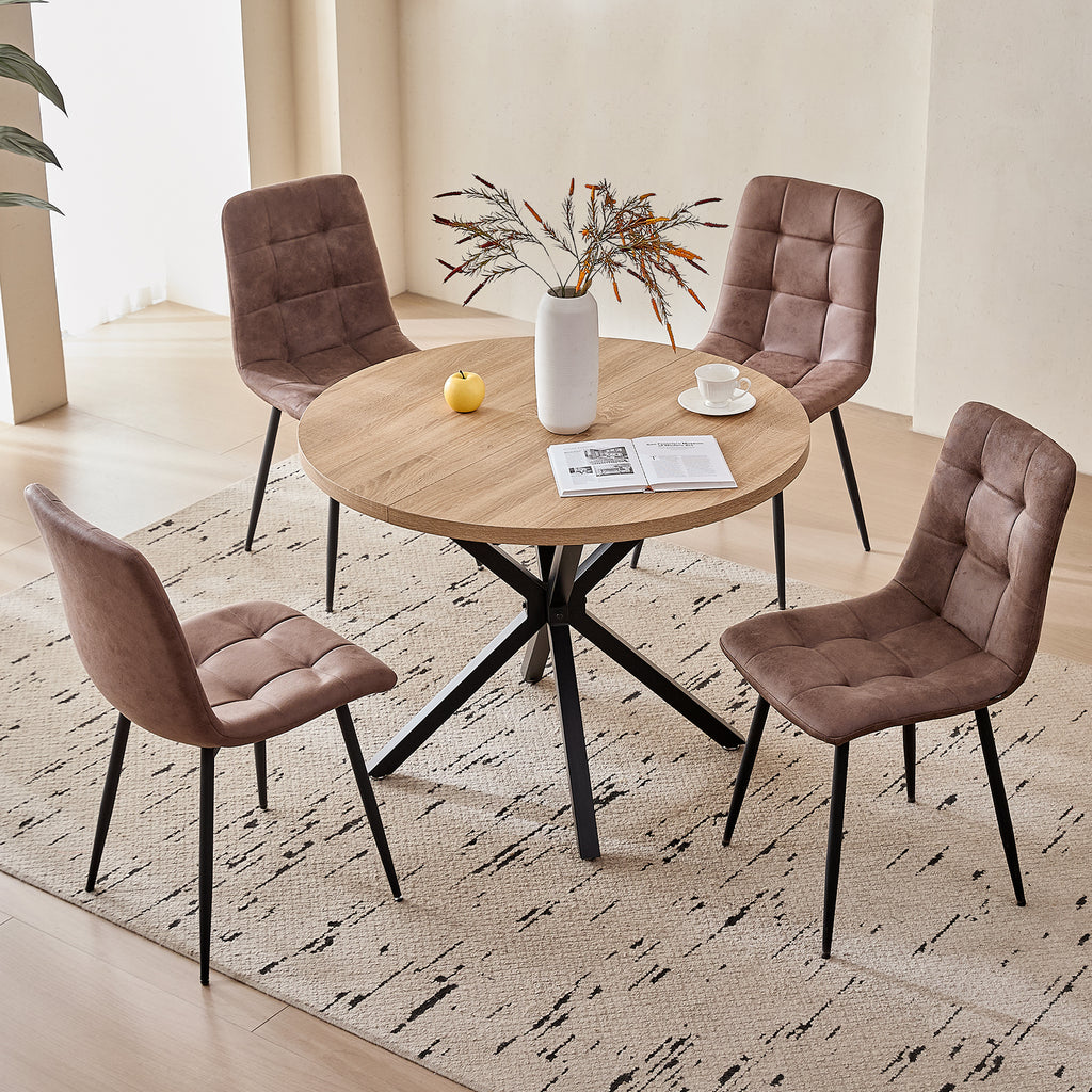 5 Pieces Round Dining Table Set - Mid-Century Oak Dining Table with 4 Brown Faux Leather Chairs Set, Coffee Table & Chairs with Black Metal Legs for Kitchen Dining Room, Apartment