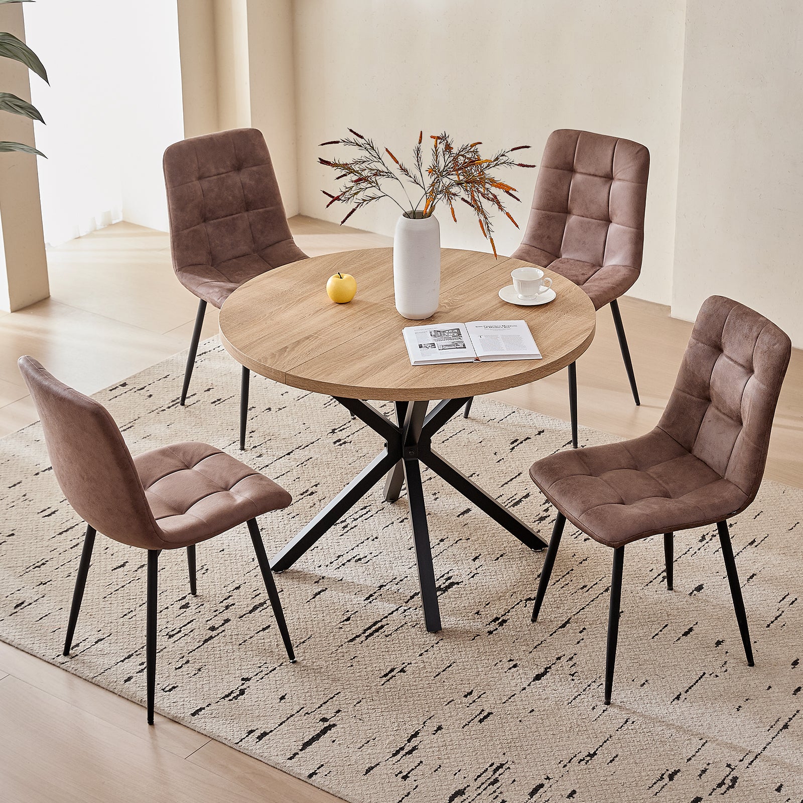 5 Pieces Round Dining Table Set - Mid-Century Oak Dining Table with 4 Brown Faux Leather Chairs Set, Coffee Table & Chairs with Black Metal Legs for Kitchen Dining Room, Apartment
