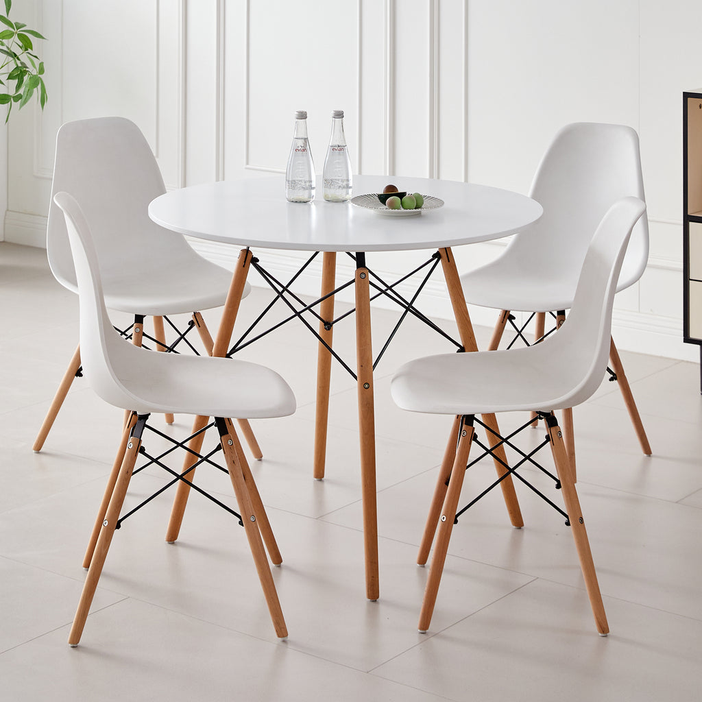 5 Piece Round Dining Table Set for 4, Mid-Century Modern Kitchen Table with 4 Chairs for Home, Apartment, Plastic Seats, Space Saving, Wood Legs