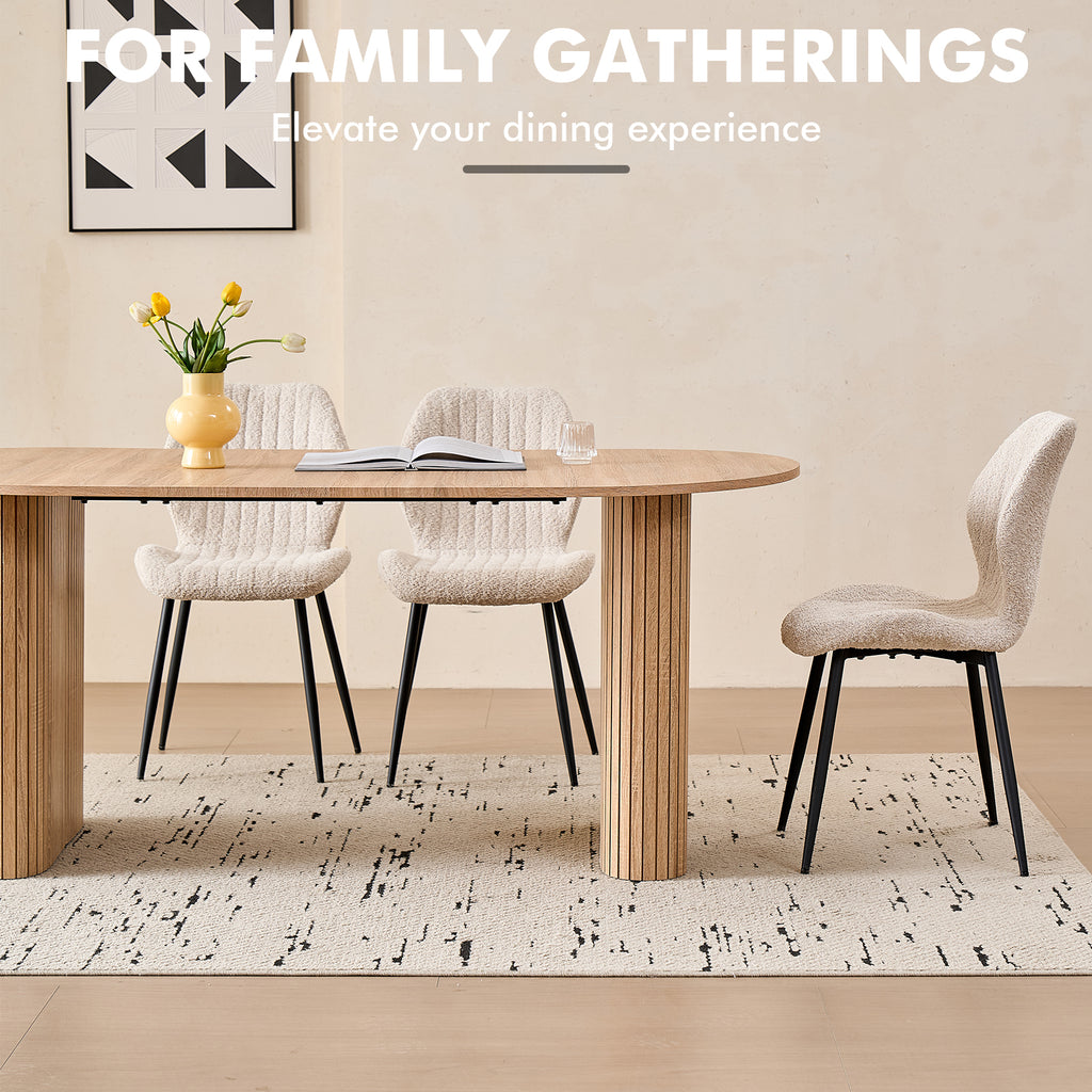 71" Large Dining Table Set for 4, Rounded Corners Farmhouse Modern Rectangle Wood Kitchen Table with Boucle Chairs Set of 4