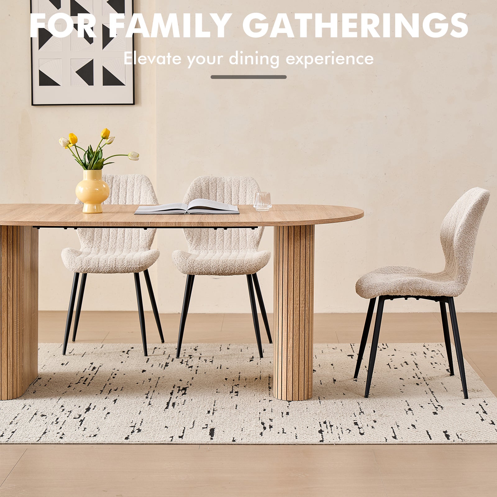 71" Large Dining Table Set for 4, Rounded Corners Farmhouse Modern Rectangle Wood Kitchen Table with Boucle Chairs Set of 4