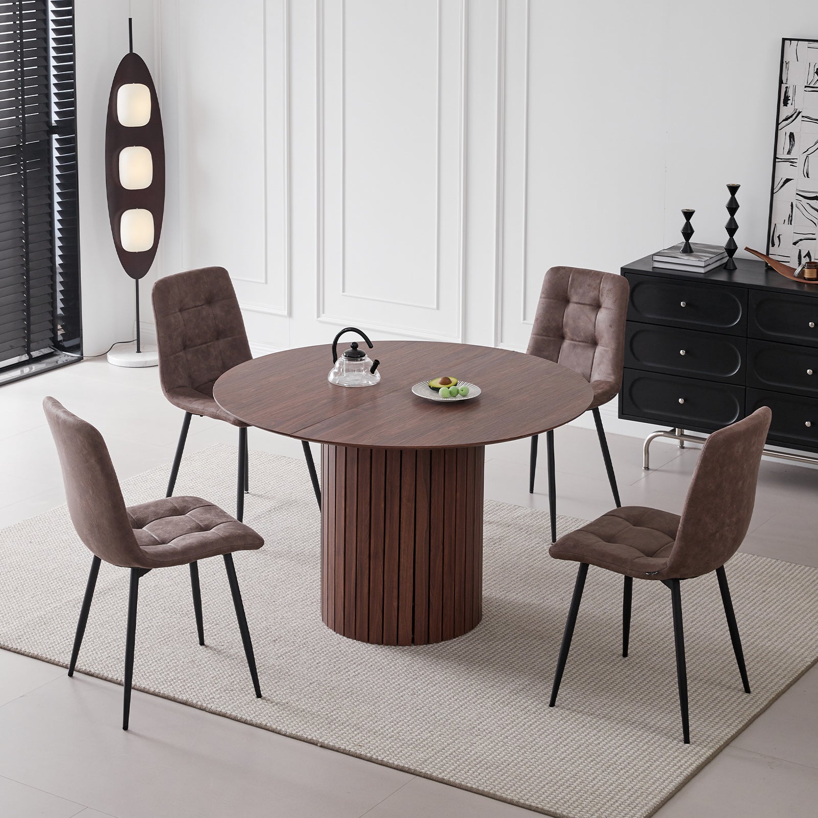 5 Piece Round Dining Table Set - Mid-Century 47 inch Dining Table with 4 Faux Leather Chairs Set, Dinner Table & Chair with Metal Legs for Kitchen Dining Room, Apartment, Bedroom, Brown