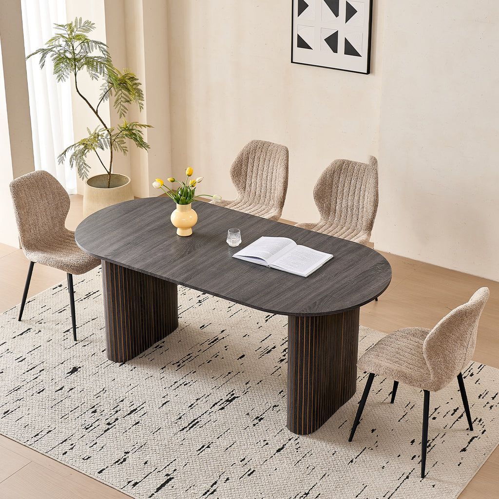 71" Large Dining Table Set for 4, Rounded Corners Farmhouse Modern Rectangle Wood Kitchen Table with Boucle Chairs Set of 4