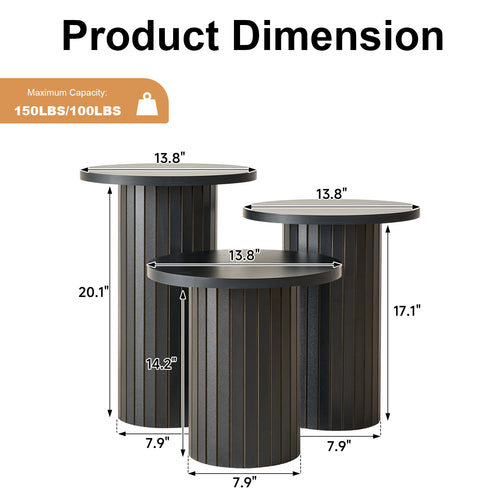3-Piece Nesting Coffee Table Set, Modern Small Round Wood Side Tables, Fluted Drum Base, for Living Room Bedroom Apartment Small Space, Black