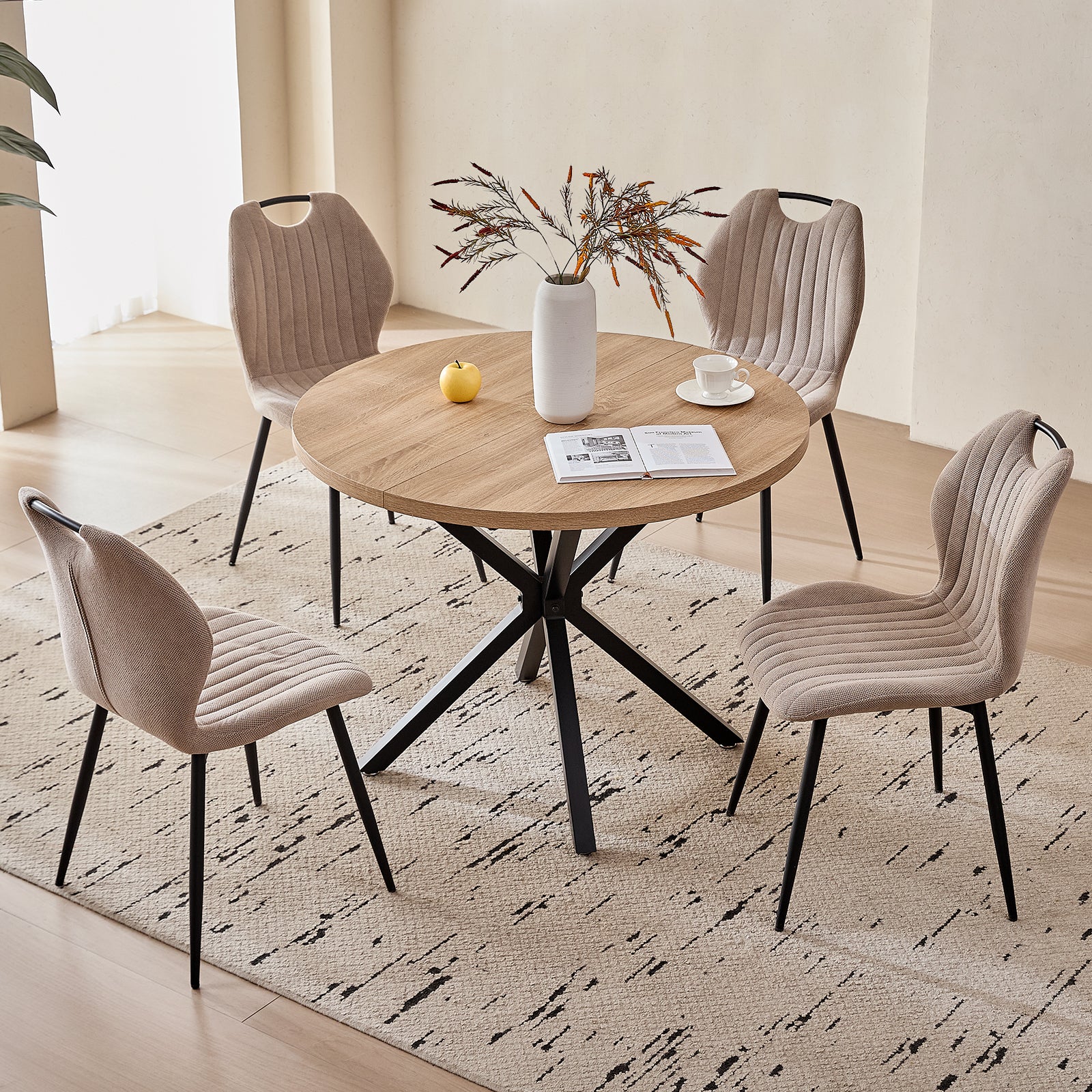 5 Piece 39" Round Dining Table Set for 4, Mid Century Kitchen Table with 4 Khaki Fabric Upholstered Dining Chairs for Apartment Living Room, Space Saving Table.