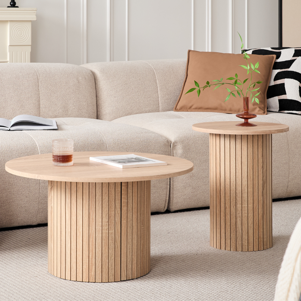 Round Nesting Coffee Tables Set of 2, Boho Wood Circle Side Table Fluted Drum, Farmhouse End Table for Living Room Bedroom, Apartment(Natural)
