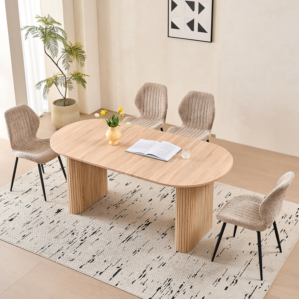 71" Large Dining Table Set for 4, Rounded Corners Farmhouse Modern Rectangle Wood Kitchen Table with Boucle Chairs Set of 4