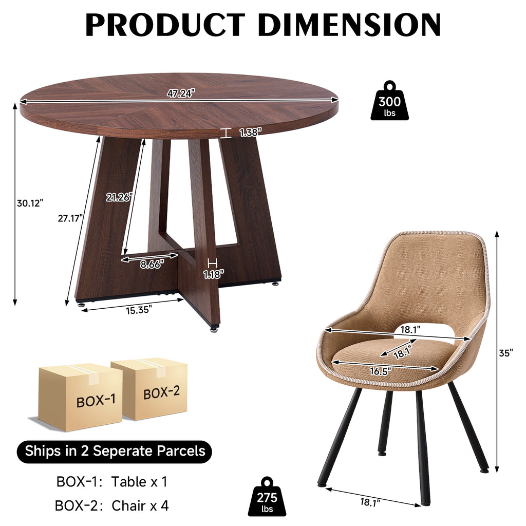 5 Piece 47" Round Dining Table Set for 4, [Fanned Base] [1.38" Thick Top] Wood Kitchen Table with 4 Swivel Dining Chairs, Brown