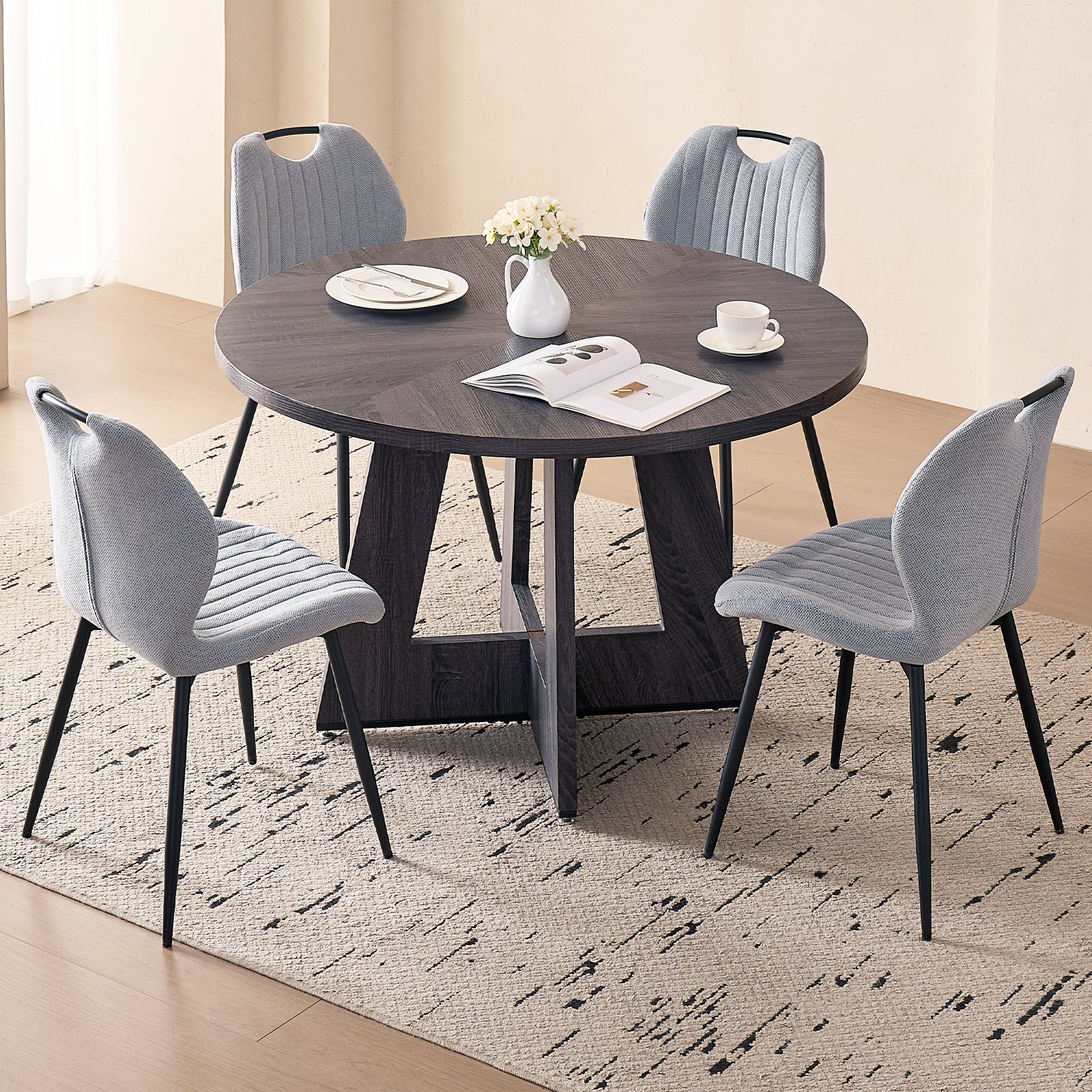 5 Piece 47'' Round Dining Table Chairs Set for 4, Farmhouse Kitchen Table with 4 Scandi Mid Century Modern Dinning Room Chairs, Wood Dinner Table &Upholstered Fabric Chairs Set of 4, Gray
