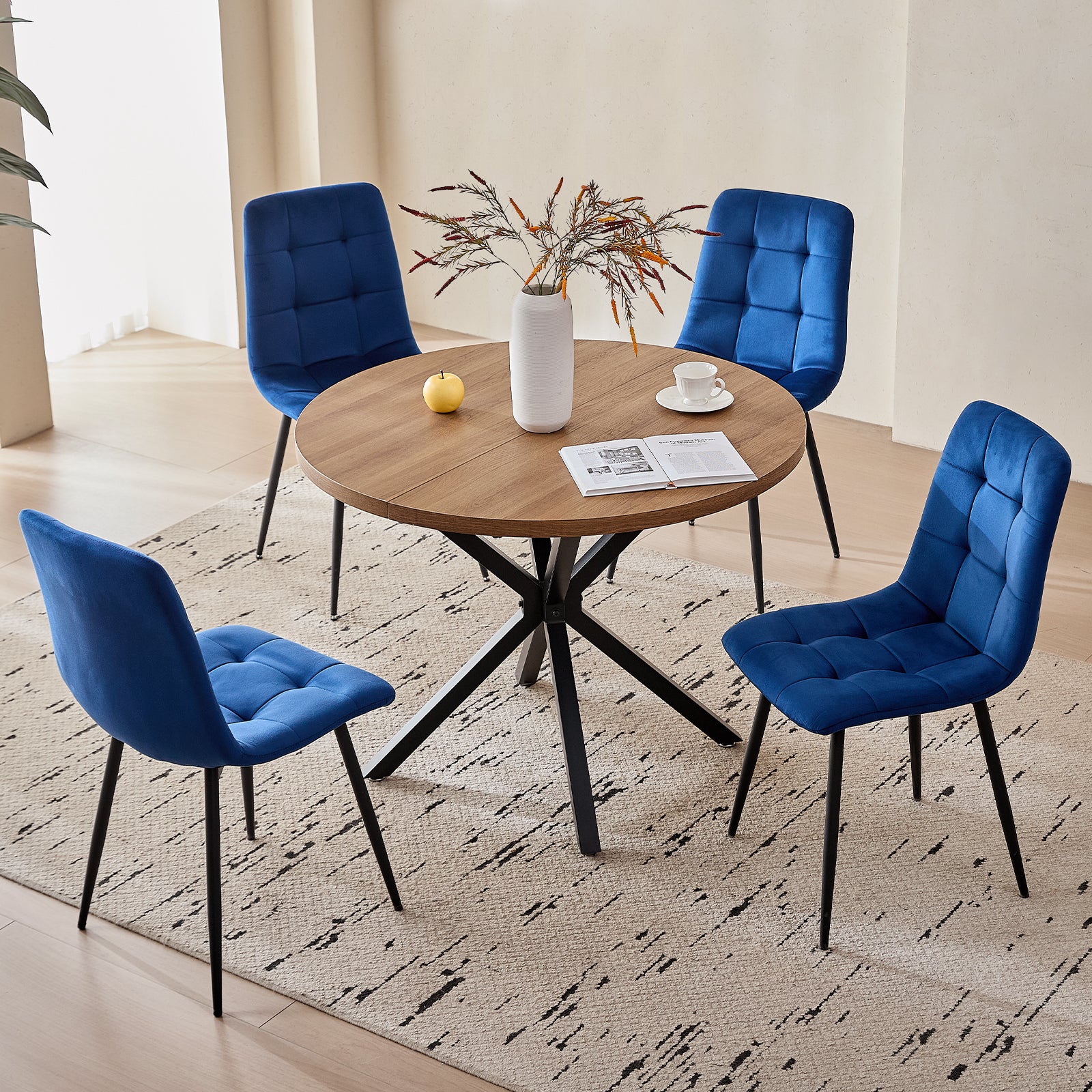 5 Piece Round Dining Table Chairs Set for 4 - Mid-Century Modern Brown Kitchen Table with 4 Blue Velvet Chairs, Coffee Table & Chair with Black Metal Legs for Dining Living Room, Apartment