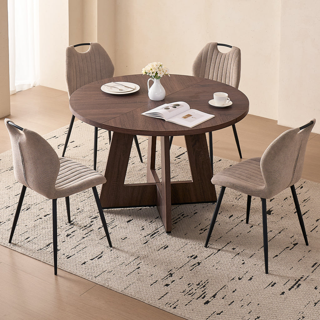 5 Piece 47'' Round Dining Table Chairs Set for 4, Farmhouse Walnut Kitchen Table with 4 Scandi Mid Century Modern Dinning Room Chairs, Wood Dinner Table &Upholstered Fabric Chairs Set of 4, Khaki