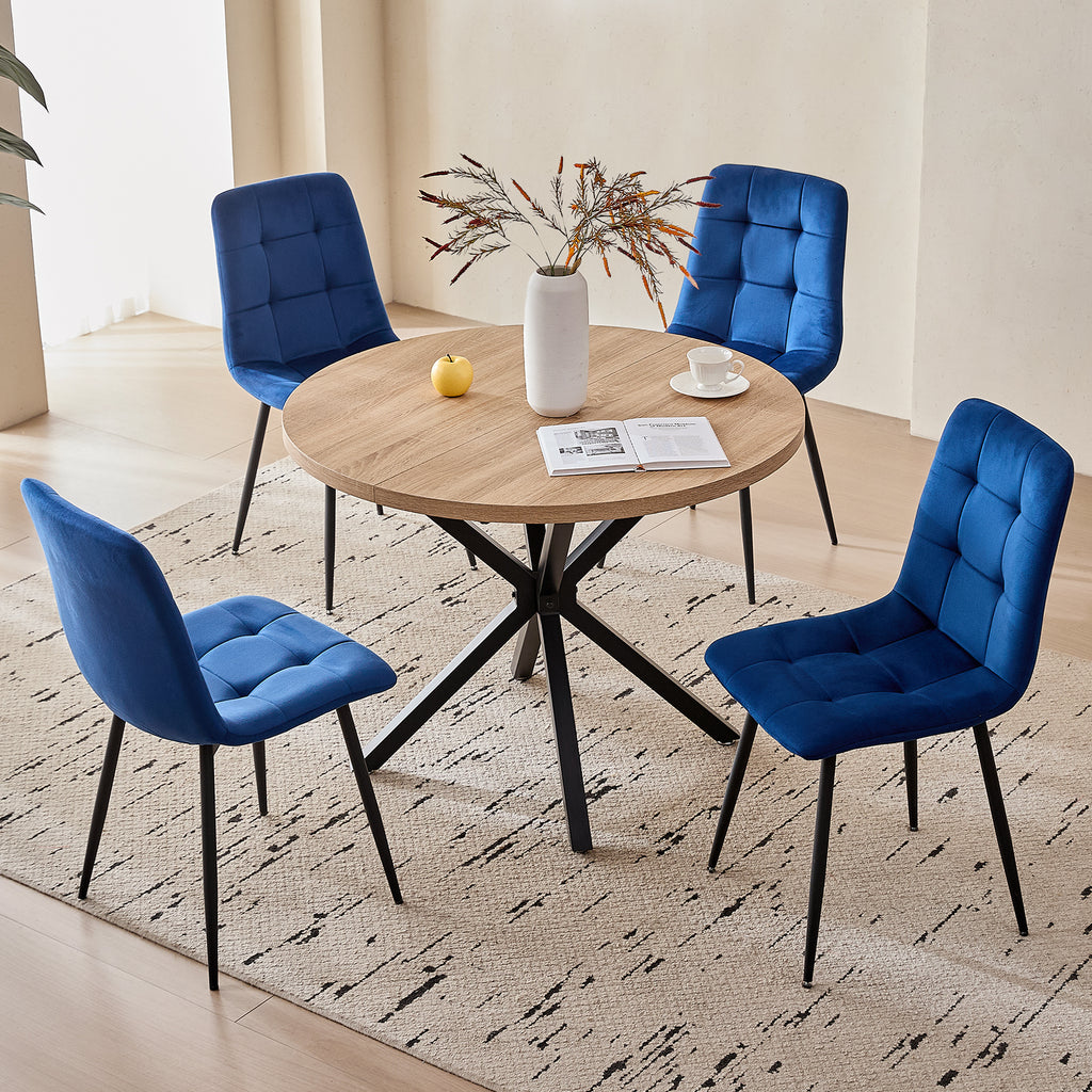 5 Piece Round Dining Table Chairs Set for 4 - Mid-Century Modern Oak Kitchen Table with 4 Blue Velvet Chairs, Coffee Table & Chair with Black Metal Legs for Dining Living Room, Apartment