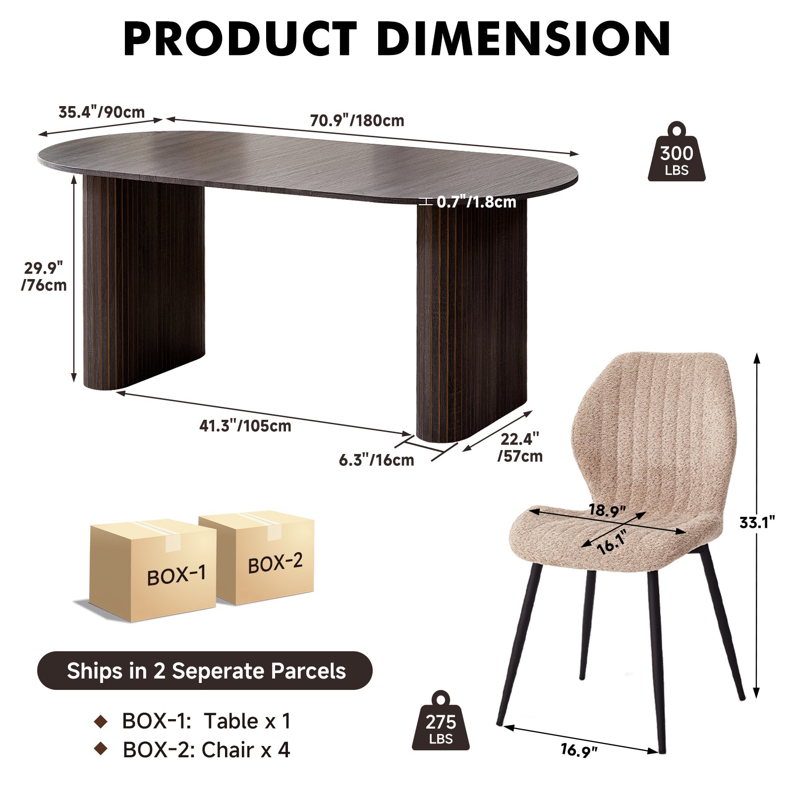 71" Large Dining Table Set for 4, Rounded Corners Farmhouse Modern Rectangle Wood Kitchen Table with Boucle Chairs Set of 4
