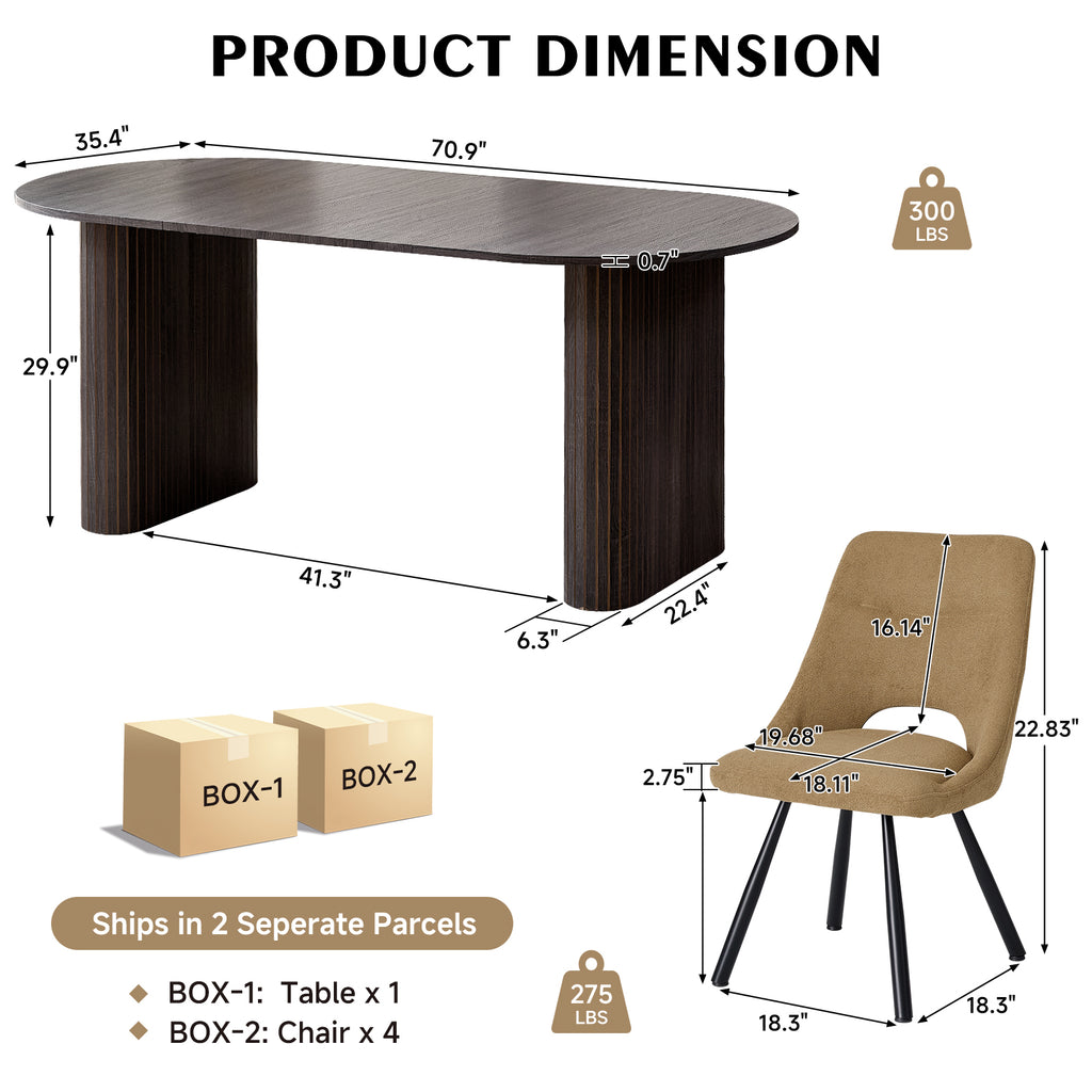 71" Black Large Dining Table Set for 4 Modern Kitchen Table with Brown Boucle Upholstered Kitchen Chairs Set of 4