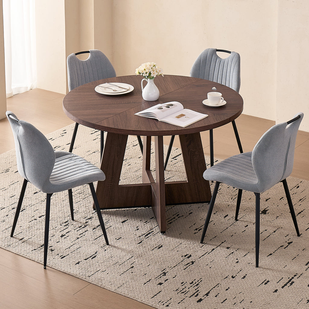 5 Piece 47'' Round Dining Table Chairs Set for 4, Farmhouse Walnut Kitchen Table with 4 Scandi Mid Century Modern Dinning Room Chairs, Wood Dinner Table &Upholstered Fabric Chairs Set of 4, Grey