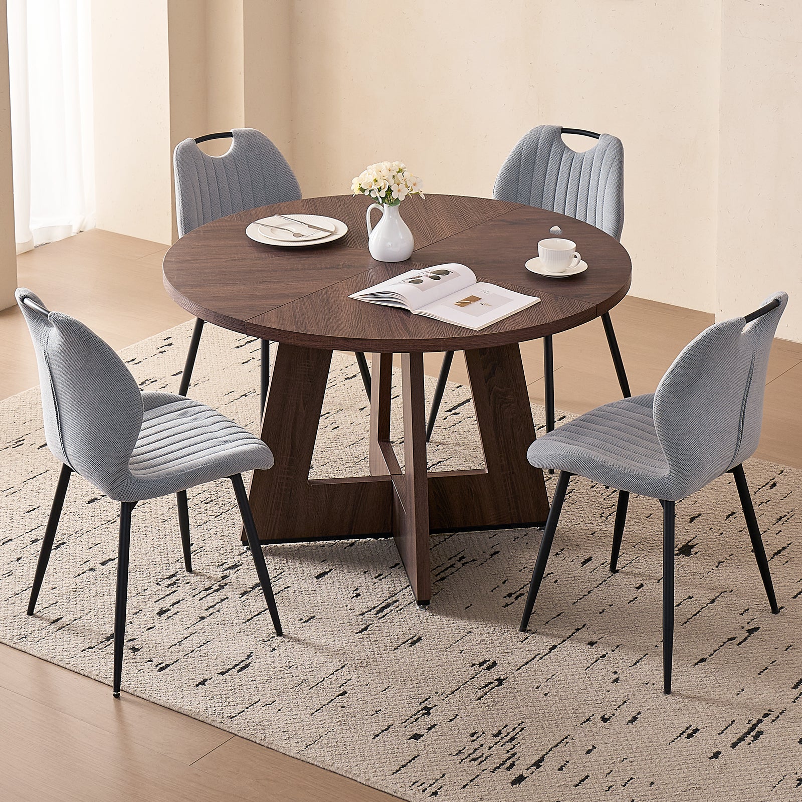 5 Piece 47'' Round Dining Table Chairs Set for 4, Farmhouse Walnut Kitchen Table with 4 Scandi Mid Century Modern Dinning Room Chairs, Wood Dinner Table &Upholstered Fabric Chairs Set of 4, Grey